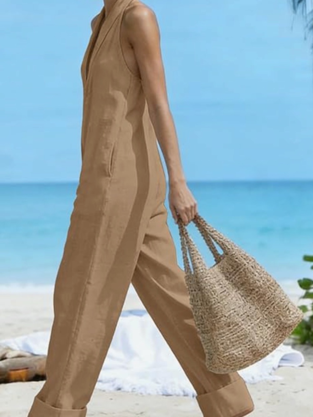 Casual Full Length Jumpsuit. Linen Blend Halter Wide Leg. Halter Neck Sleeveles. - Picture 3 of 7